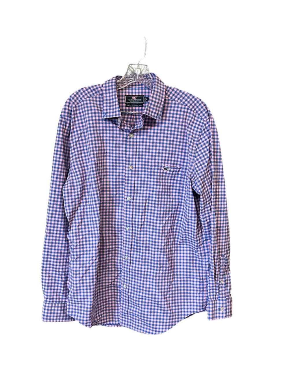 Vineyard Vines performance classic fit Tucker shirt men L pink blue gingham